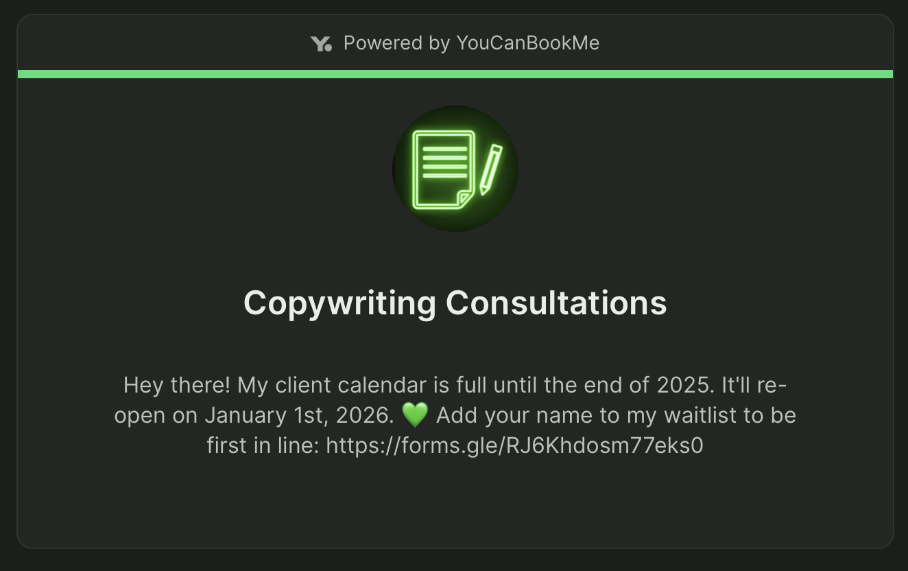 Example of a custom offline message on a YouCanBookMe booking form