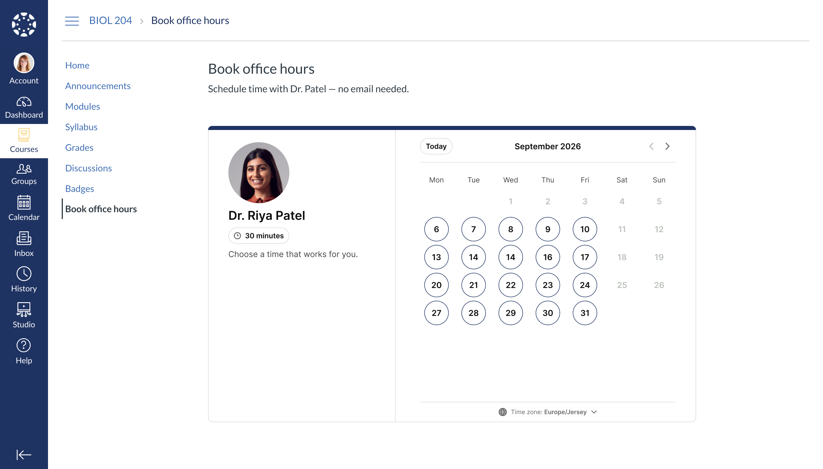 YouCanBookMe booking page embedded in LMS
