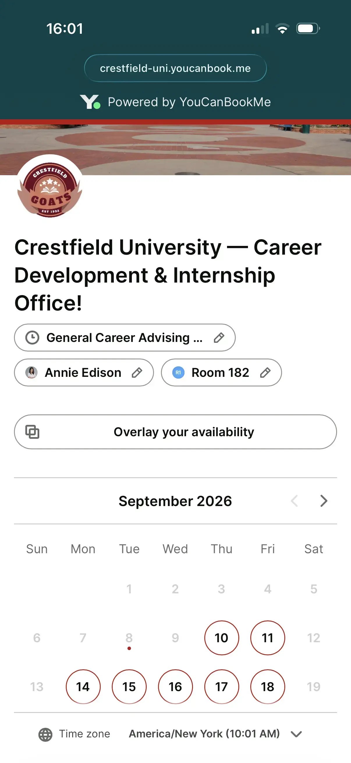 mobile advising booking page