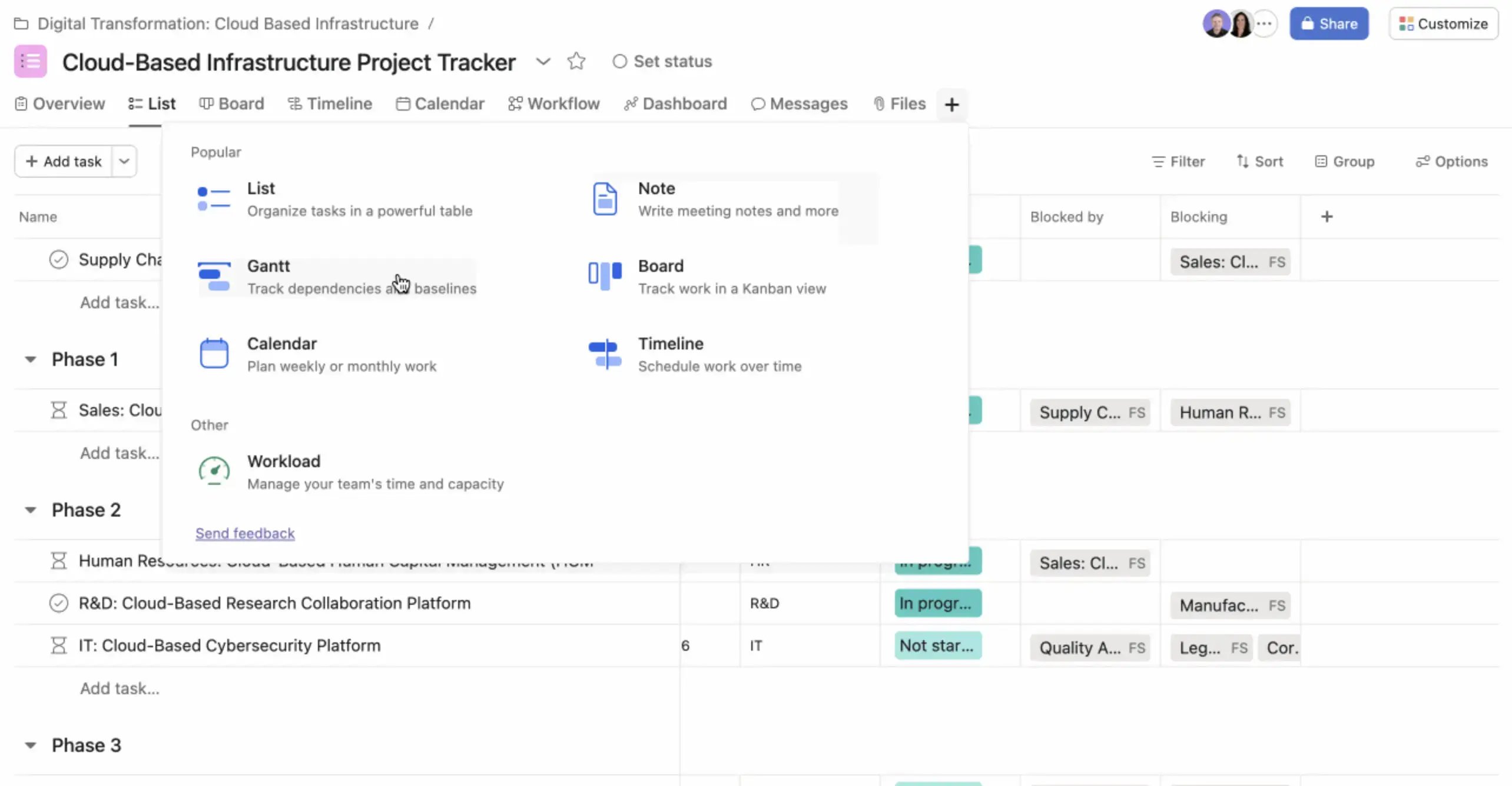 Asana project management dashboard for team scheduling