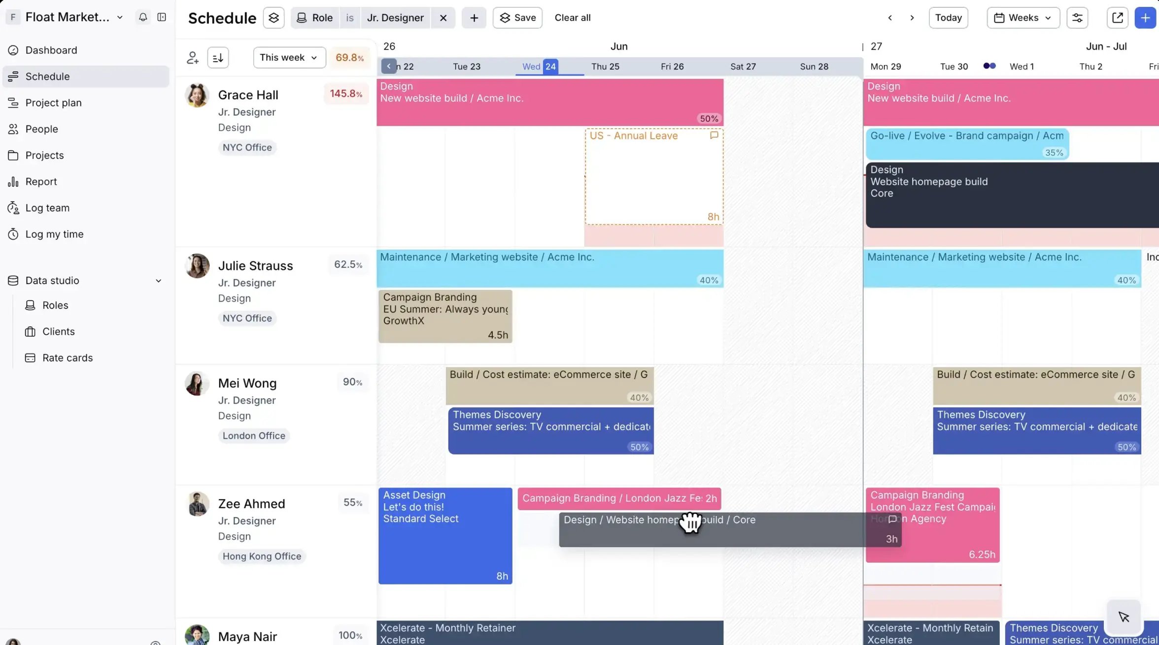 Float capacity planning team scheduling app dashboard