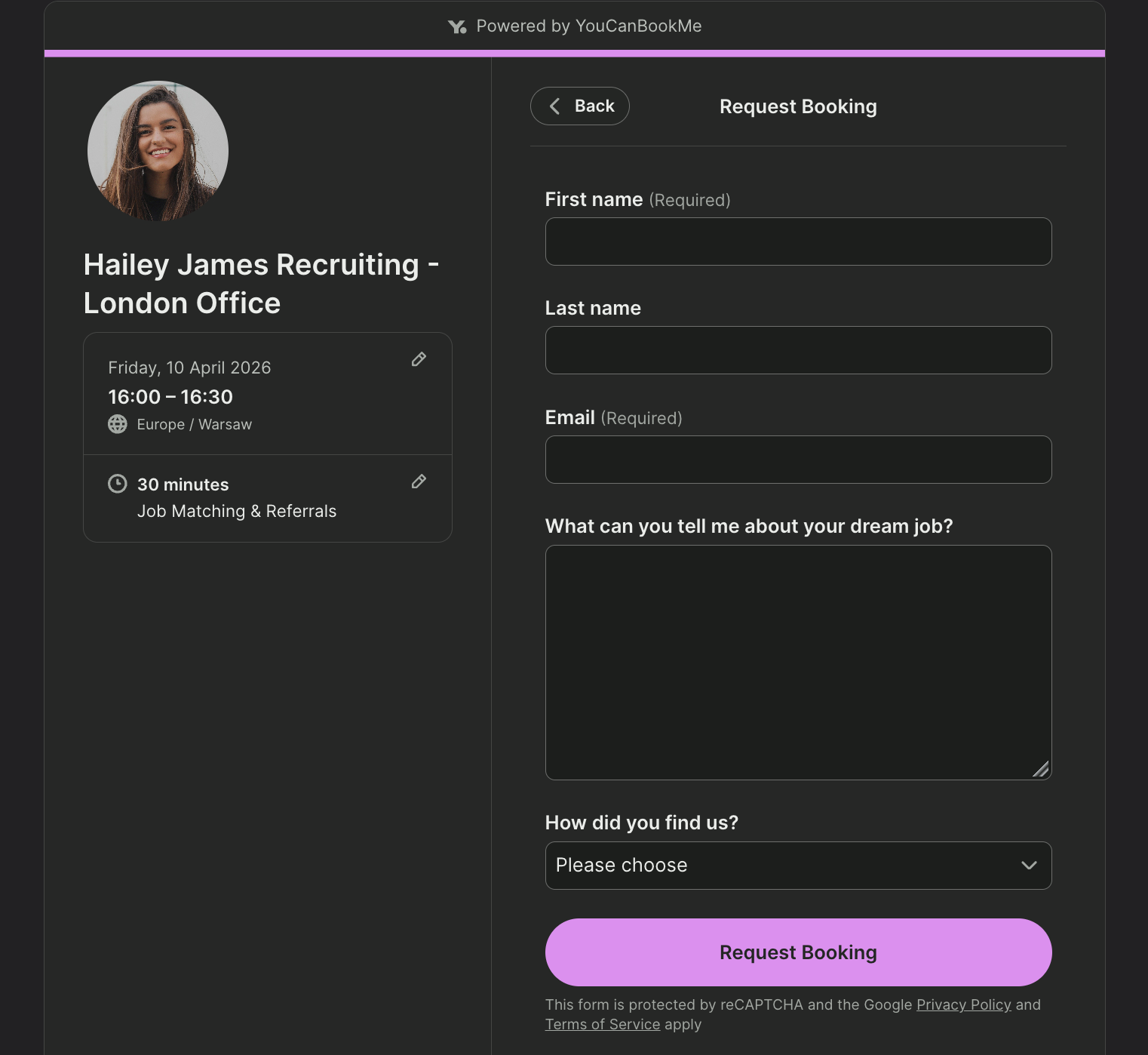 Booking form example with request booking button to qualify leads