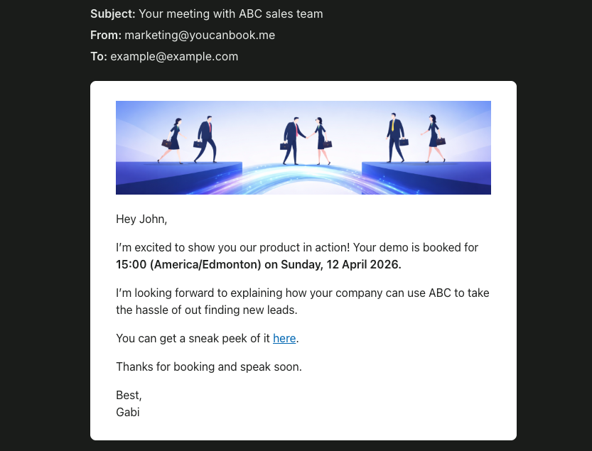 Customized YCBM meeting confirmation email