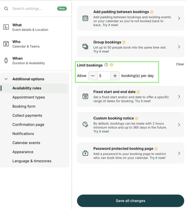 how to set daily booking cap in YouCanBookMe