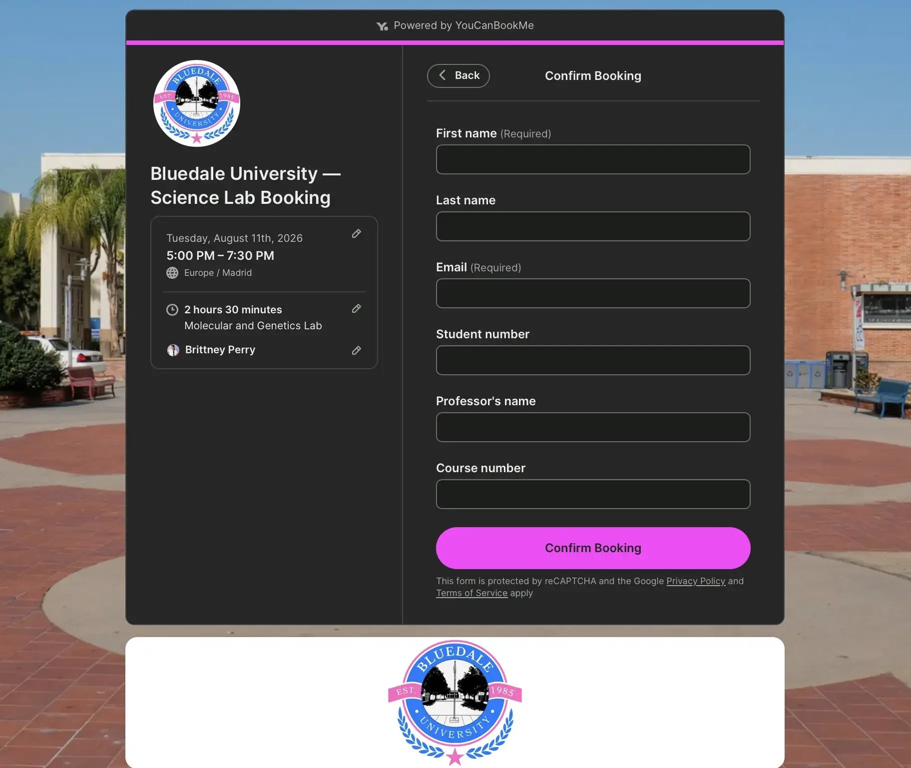 university booking form example made in YouCanBookMe