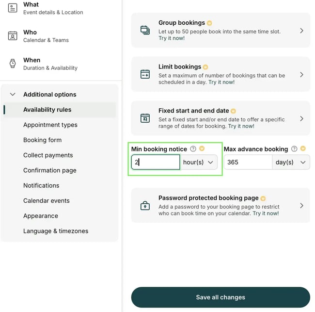 how to set up minimum booking notice in YouCanBookMe