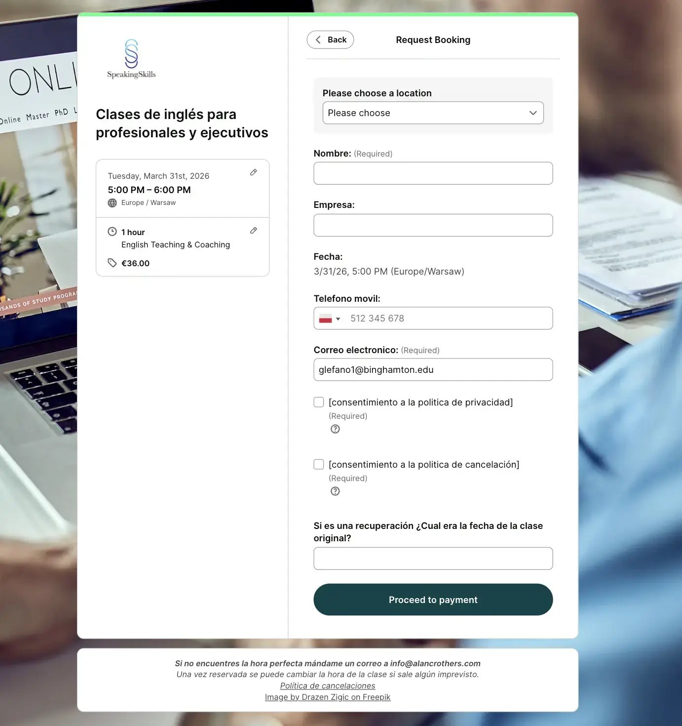 Booking form example with payment collection