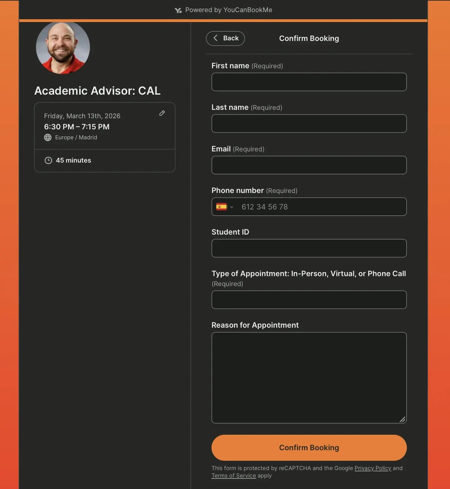 Booking page example with detailed booking form