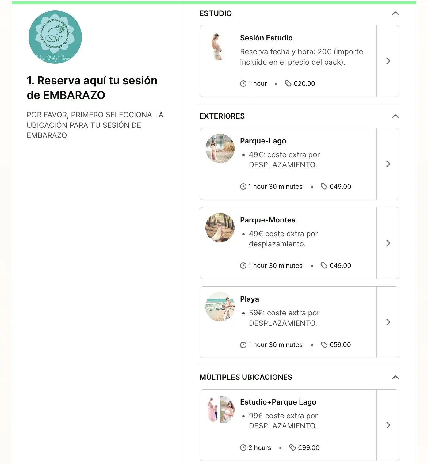 Booking page example with icons, prices, and duration for each appointment type