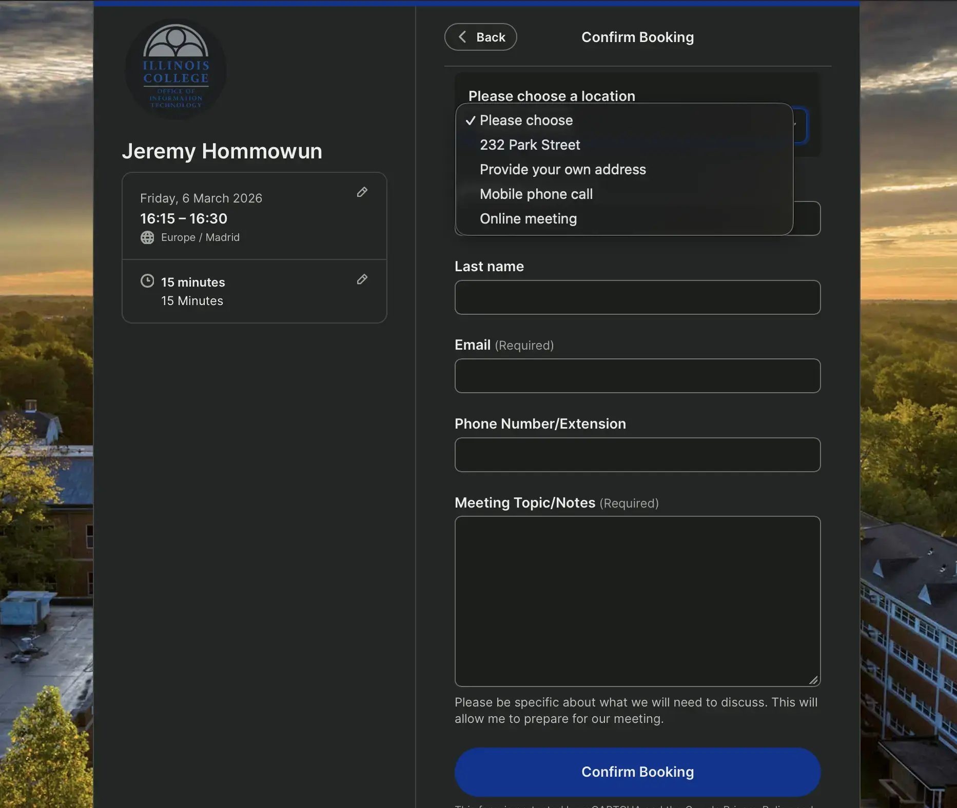 booking page example that lets people choose a meeting location