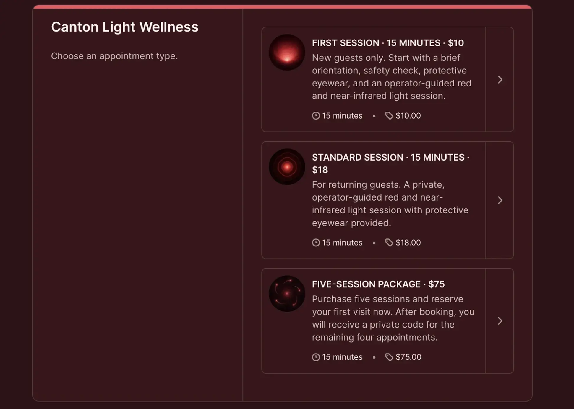 canton light wellness booking page made with YouCanBookMe