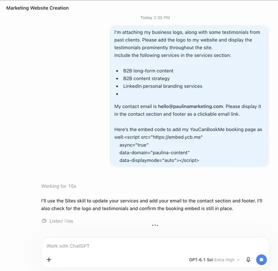 chatgpt website building prompt with booking page embed