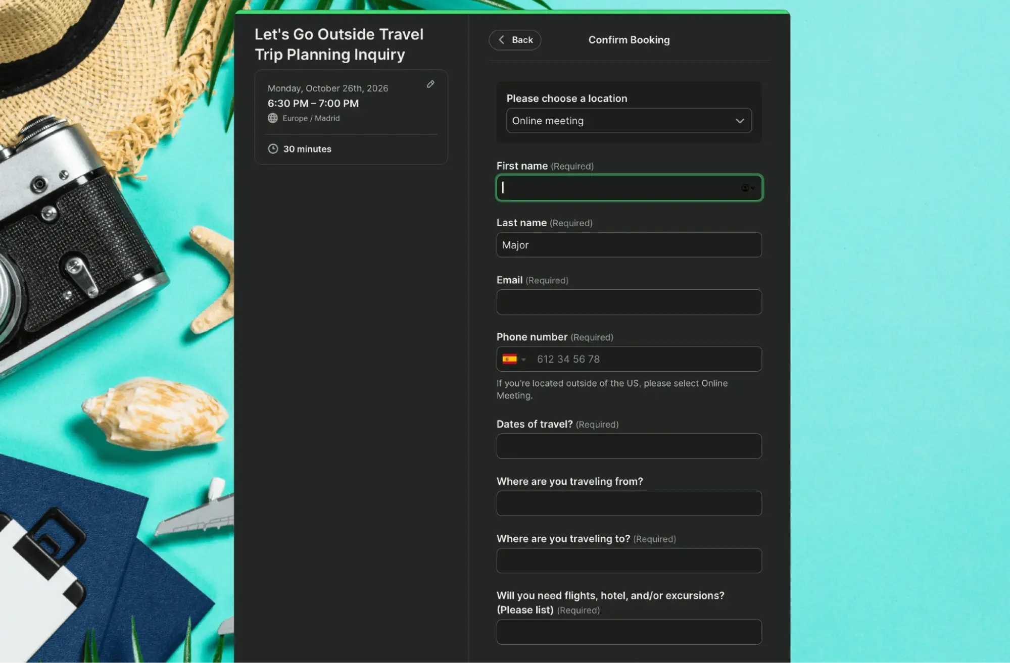 lets go outside travel booking form made with YouCanBookMe