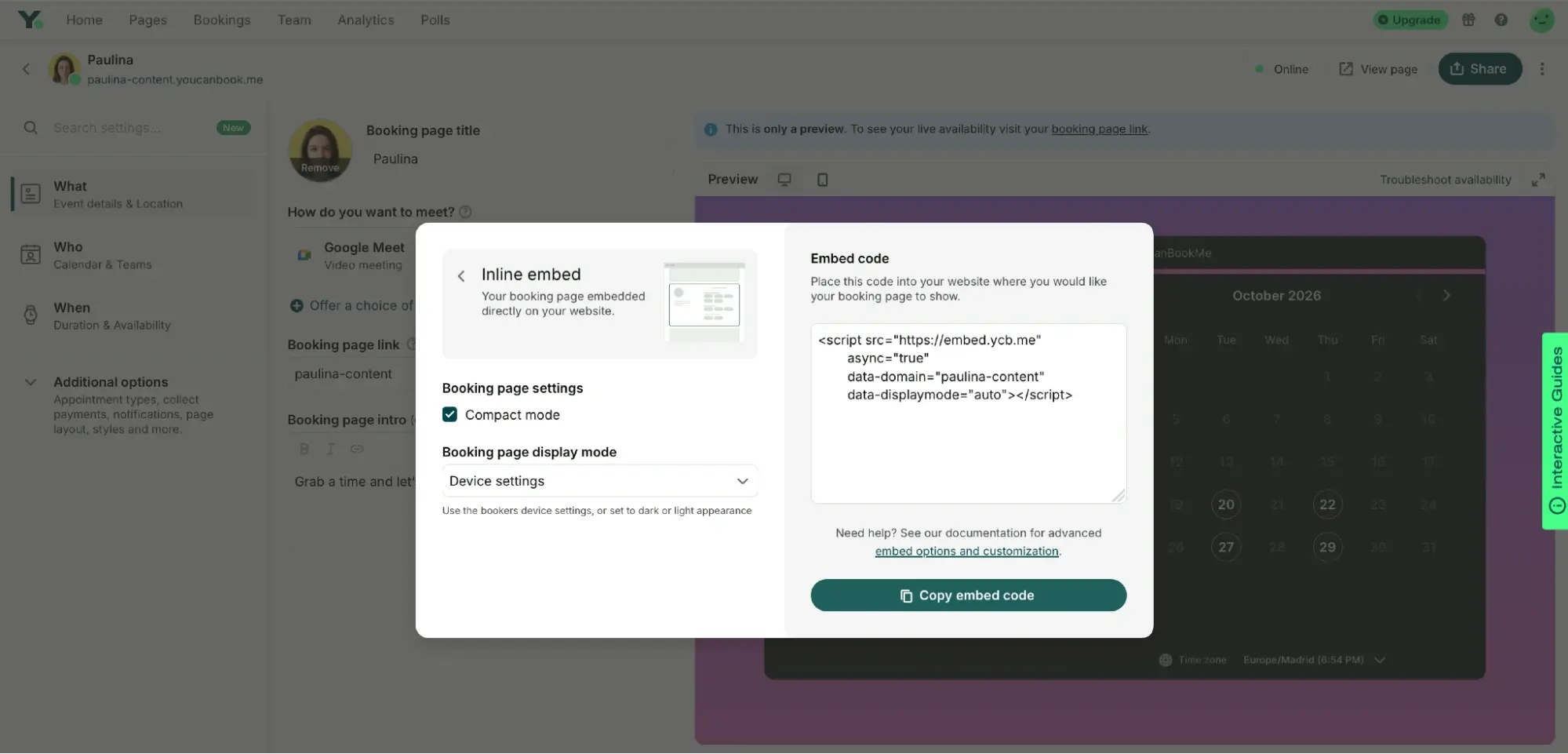 youcanbookme booking page embed code and where to find it