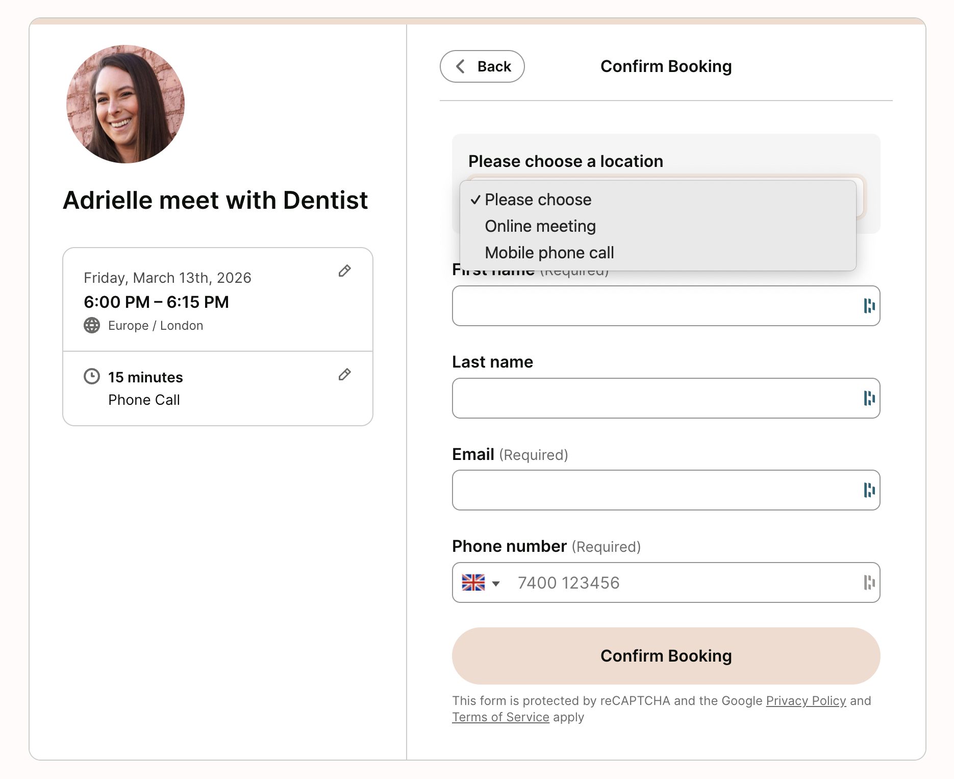 Dentist booking form example from Chameleon Dental made with YouCanBookMe