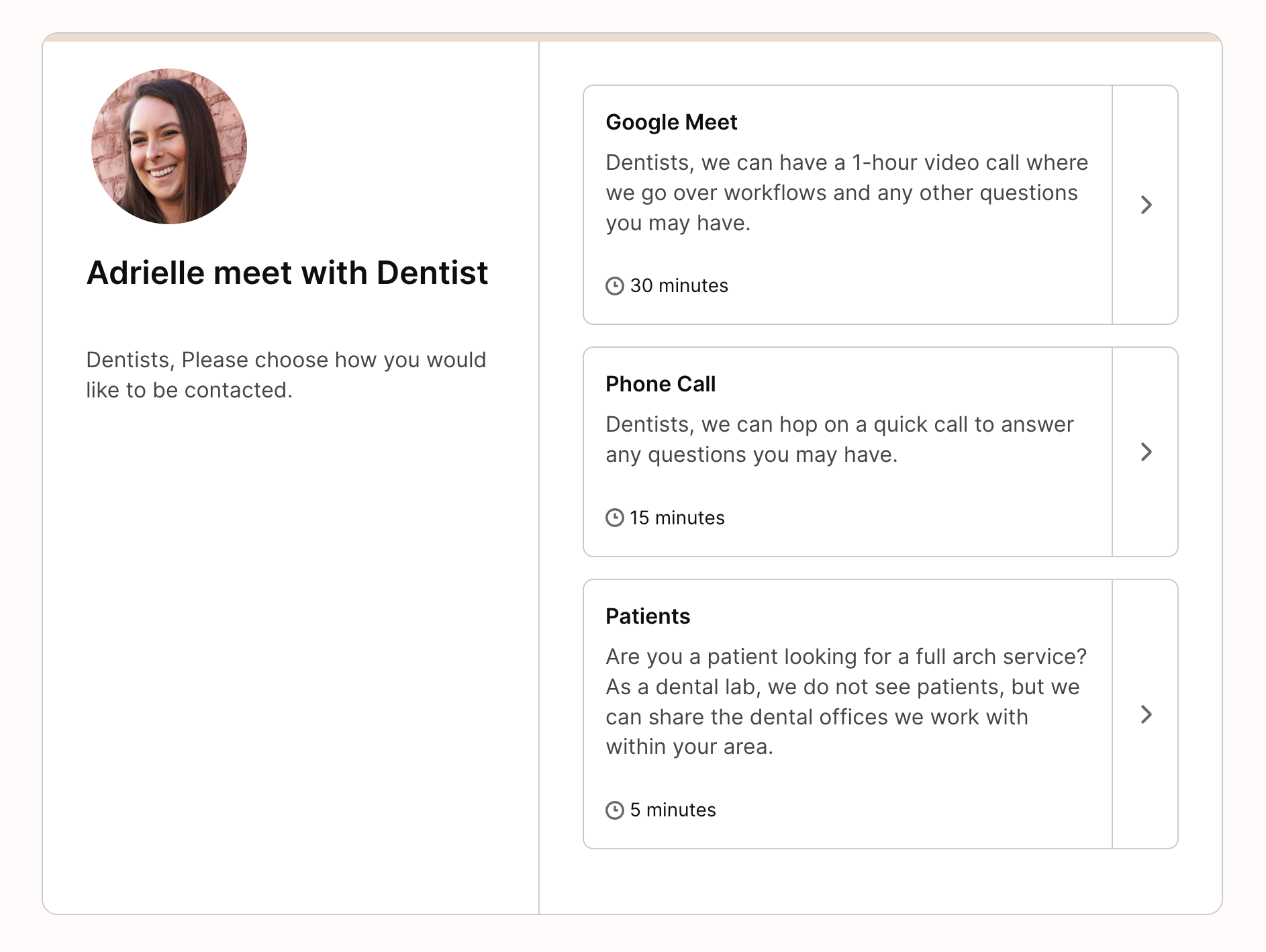 Dentist booking page example from Chameleon Dental made with YouCanBookMe