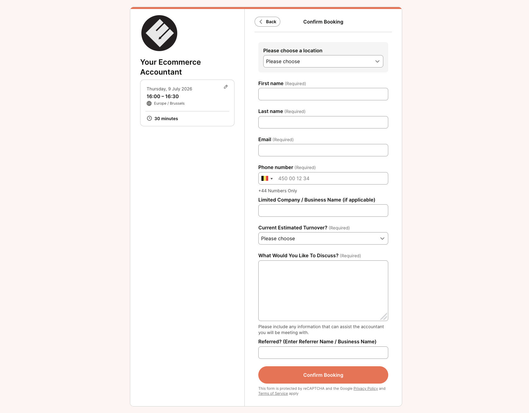 Your Ecommerce Accountant booking form made in YouCanBookMe