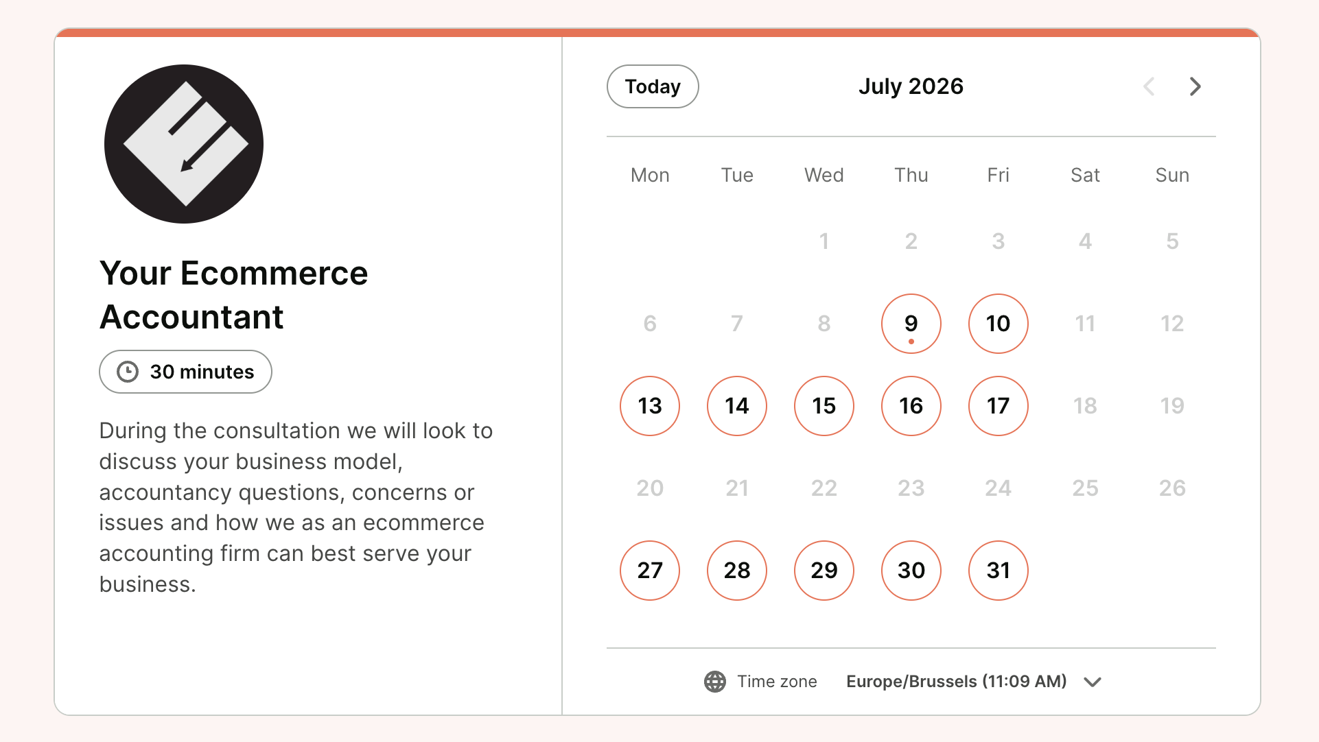 Your Ecommerce Accountant booking page made in YouCanBookMe