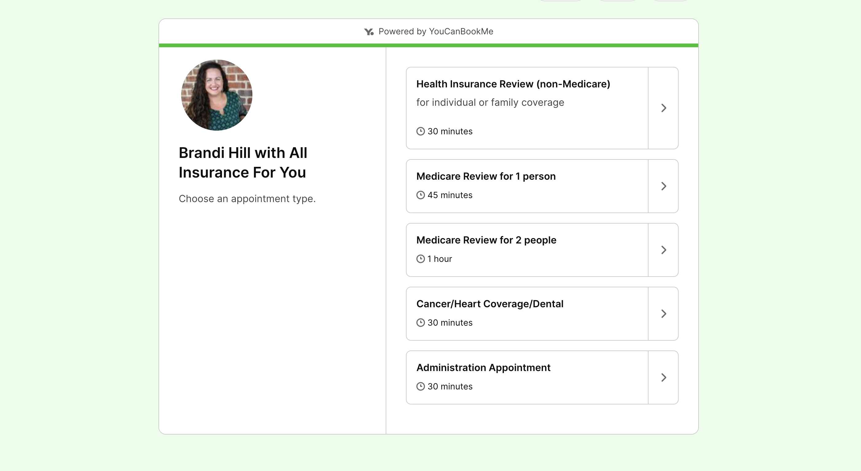 All Insurance For You YouCanBookMe booking page with Appointment Types
