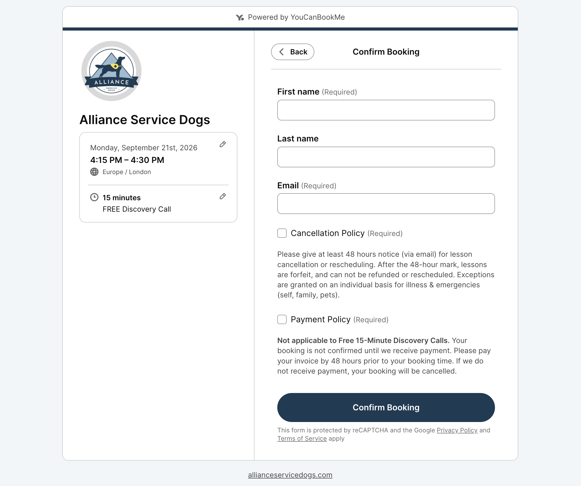 Alliance Service Dogs YouCanBookMes booking form