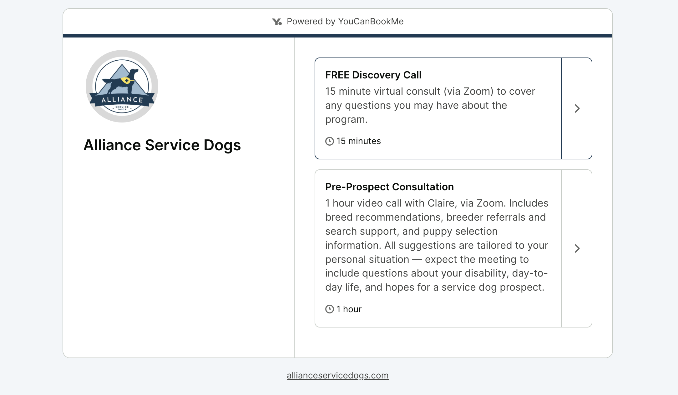Alliance Service Dogs YouCanBookMes booking page