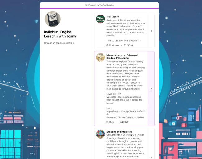 Jonnys YouCanBookMe booking page - tutor
