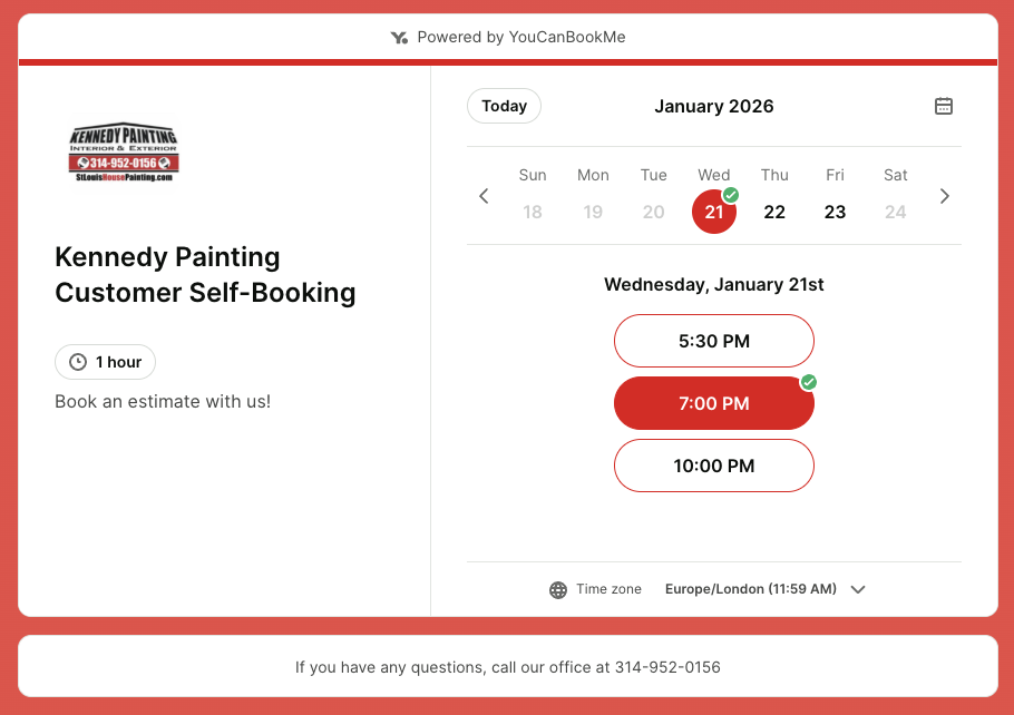 Kennedy Paintings YouCanBookMe booking page for home improvement