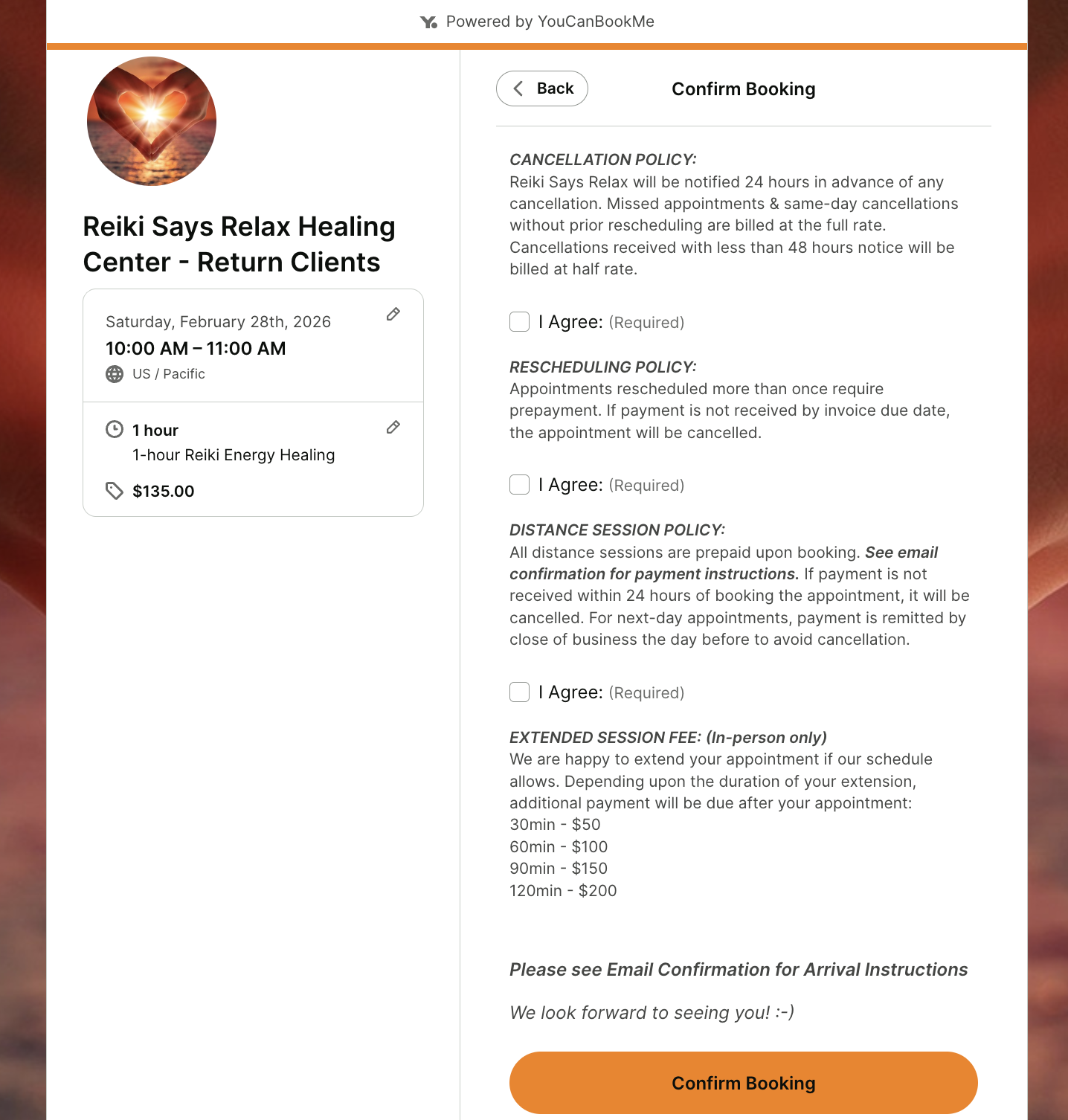 Healing and wellness booking form with booking policies listed, including cancellation, rescheduling, distance, and extended session fees