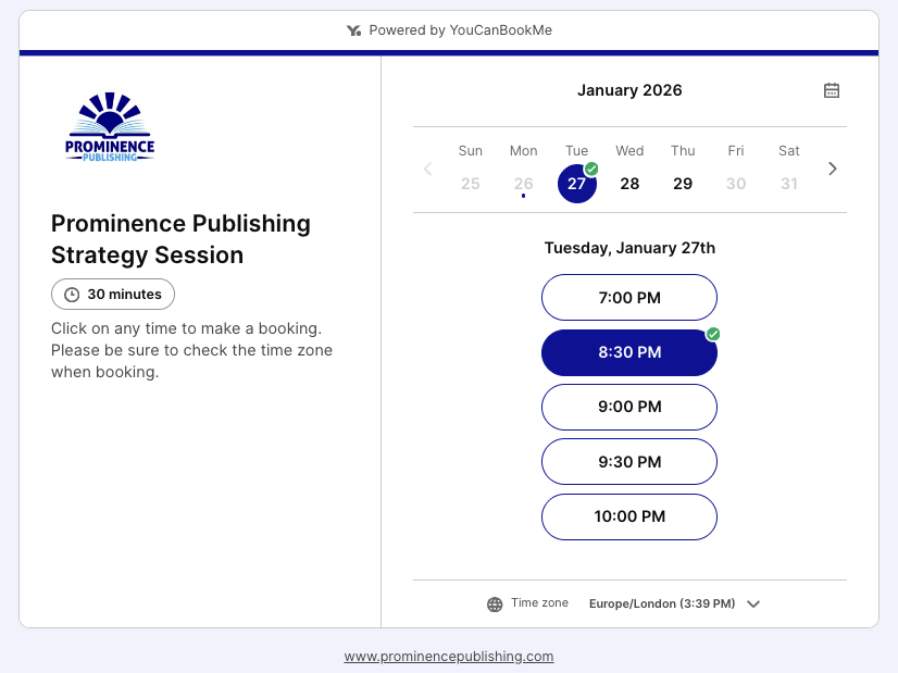 Prominence Publishings YouCanBookMe booking page