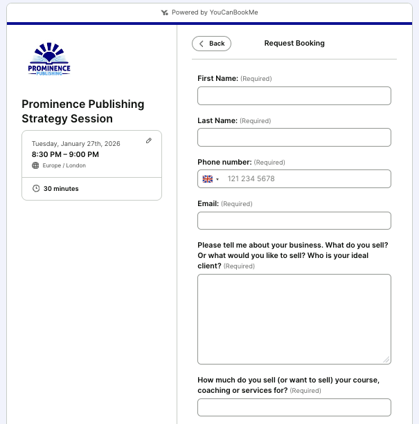 Prominence Publishings YouCanBookMe booking questions