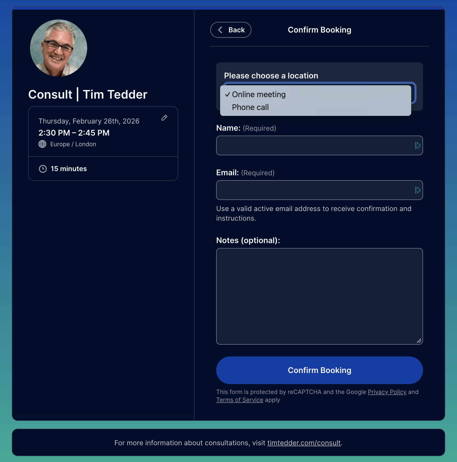 Tim Tedders YouCanBookMe consultation booking form with the option to choose a meeting location