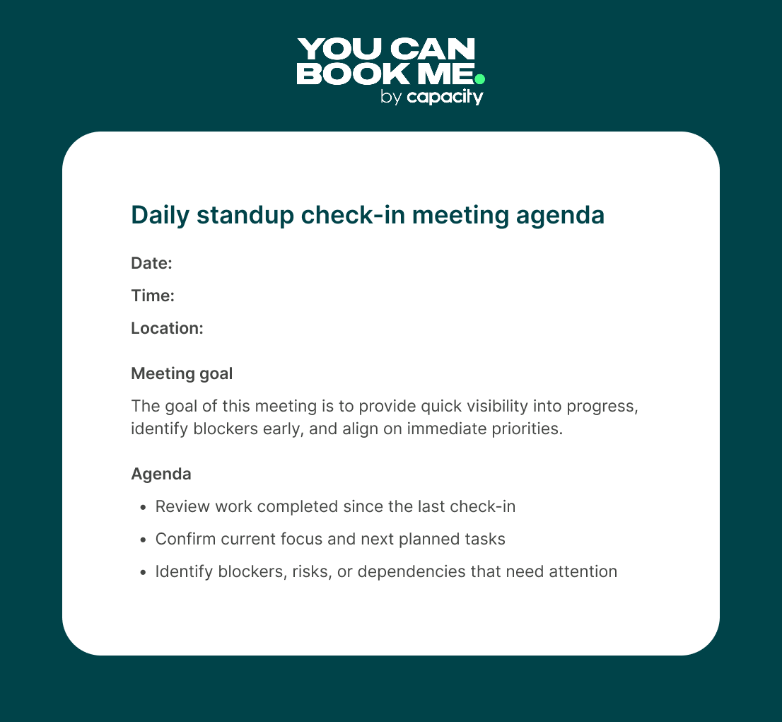 Daily standup check-in meeting agenda template