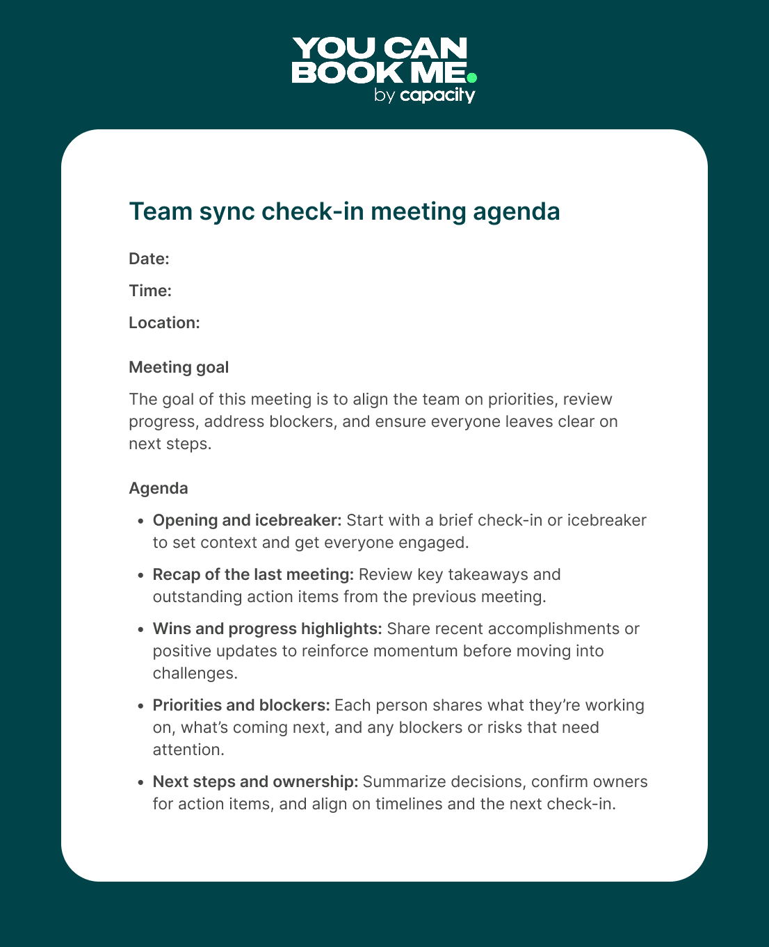 Team sync check-in meeting agenda