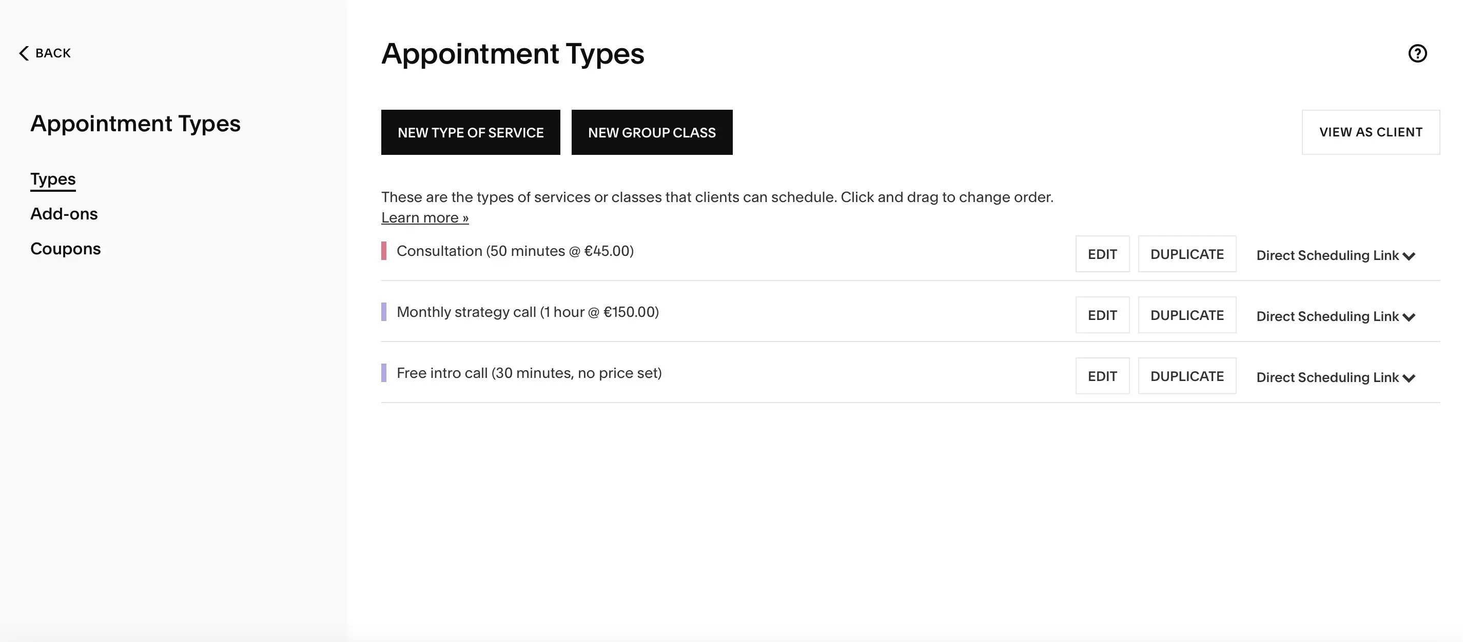 acuity scheduling appointment types