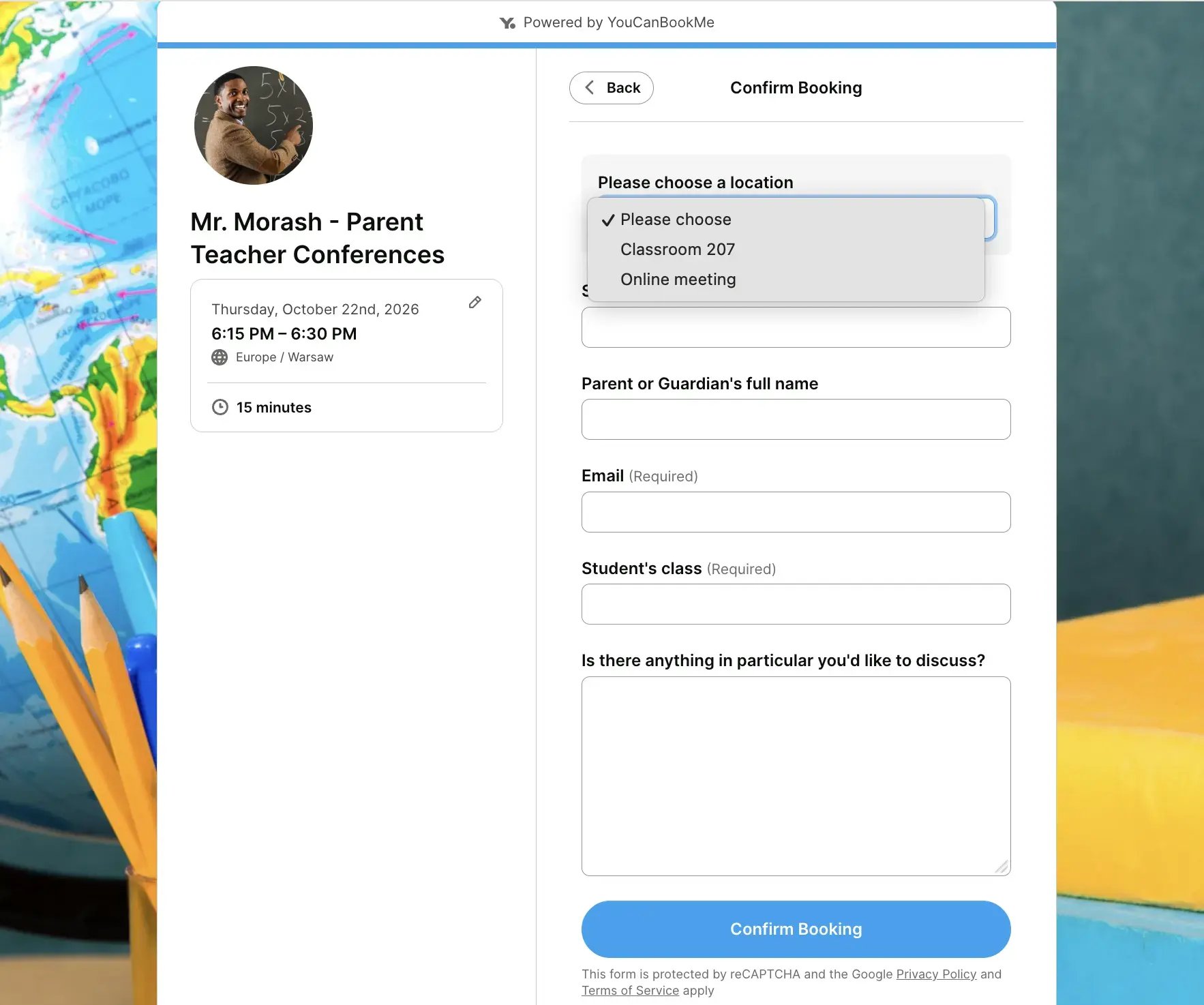 Parent teacher conference booking form