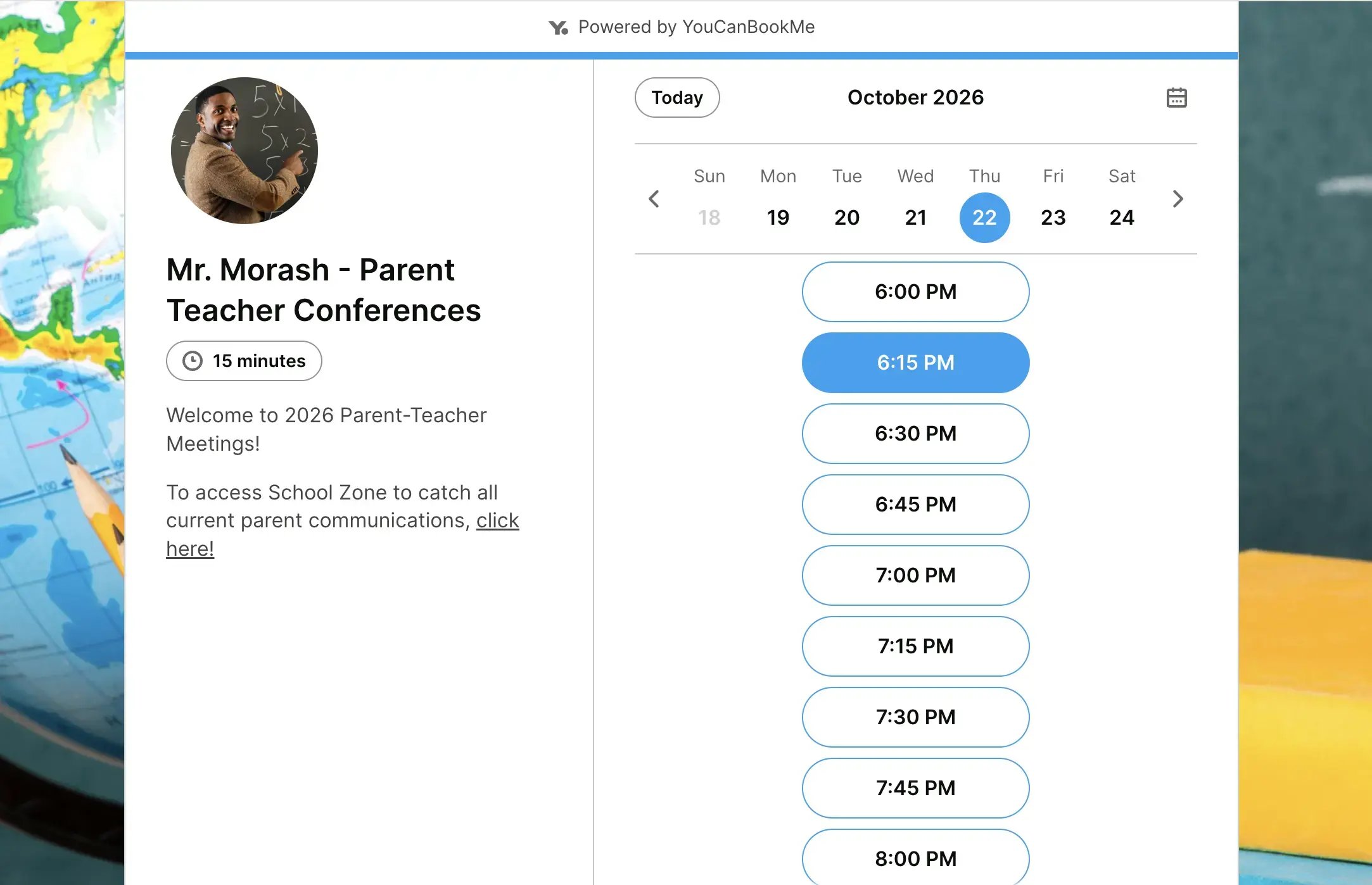 Parent teacher conference booking page