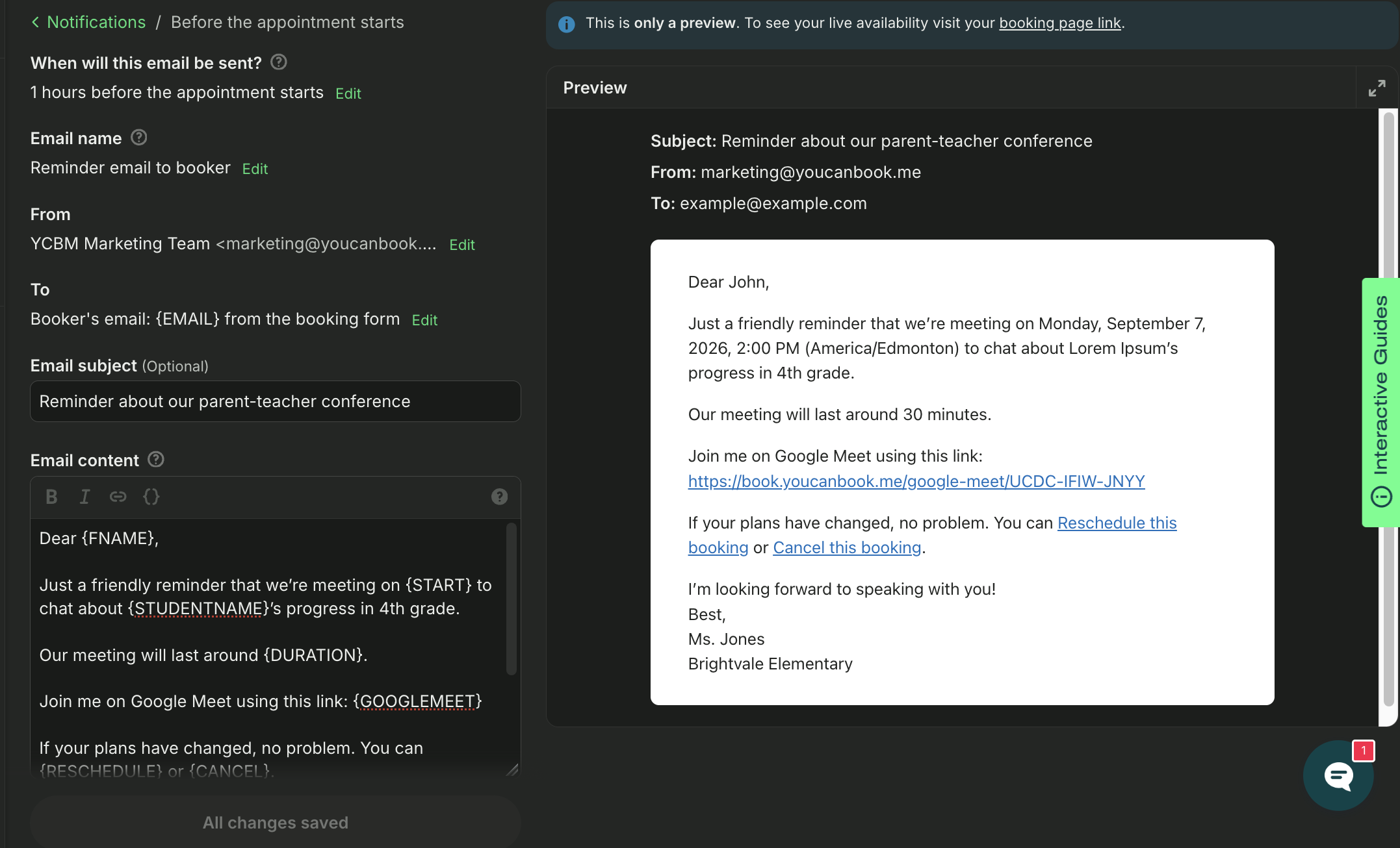 Setting up education reminder email in YouCanBookMe