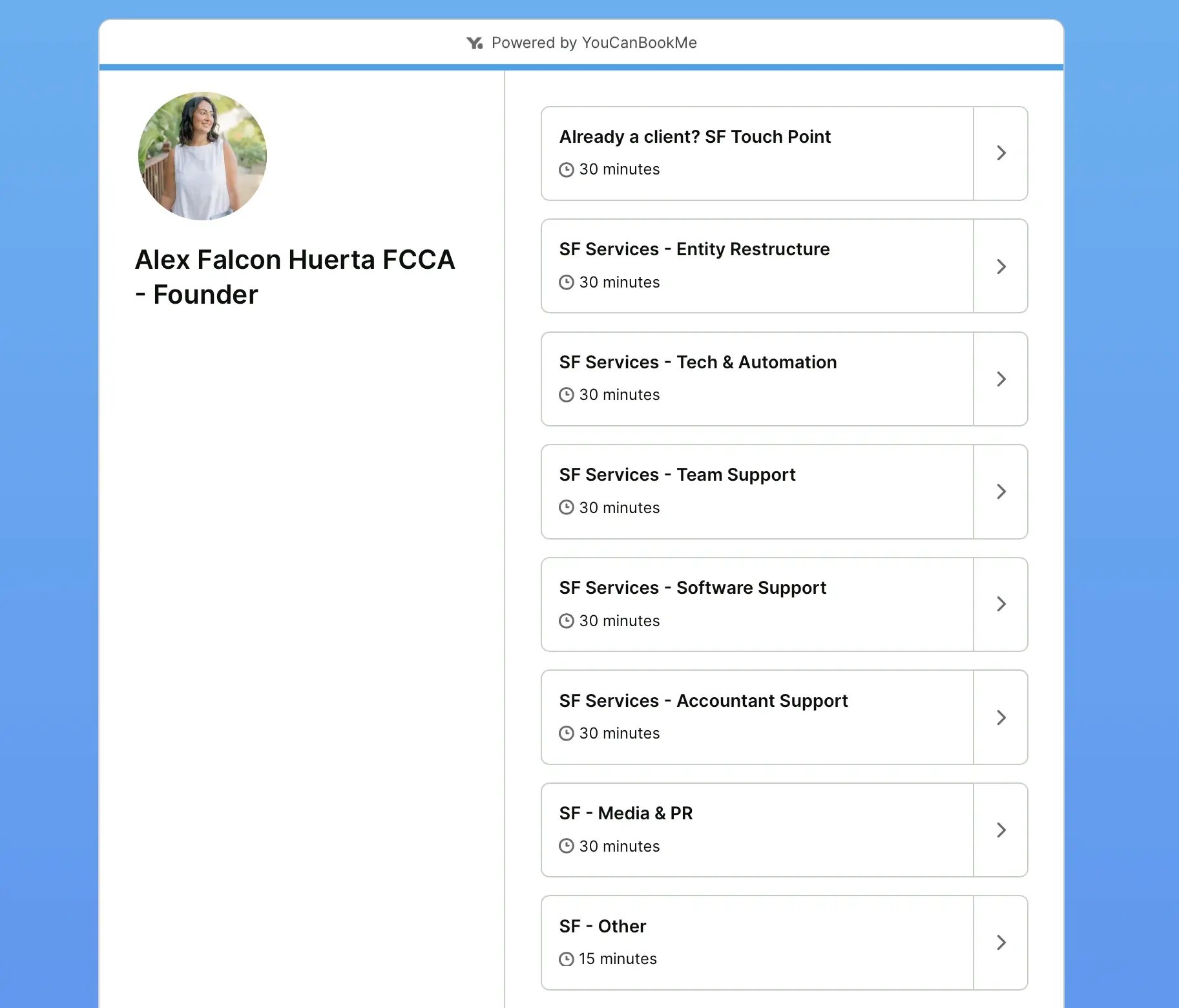 accounting booking page with appointment types