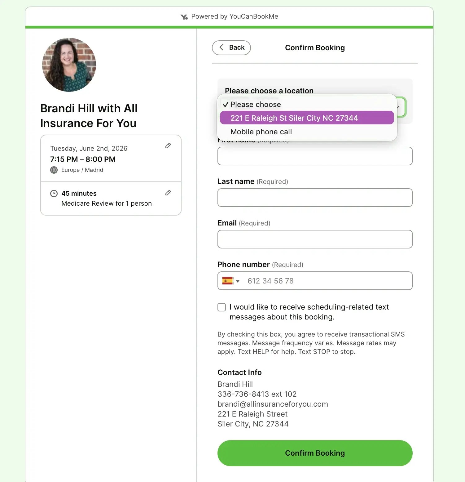 insurance booking form example