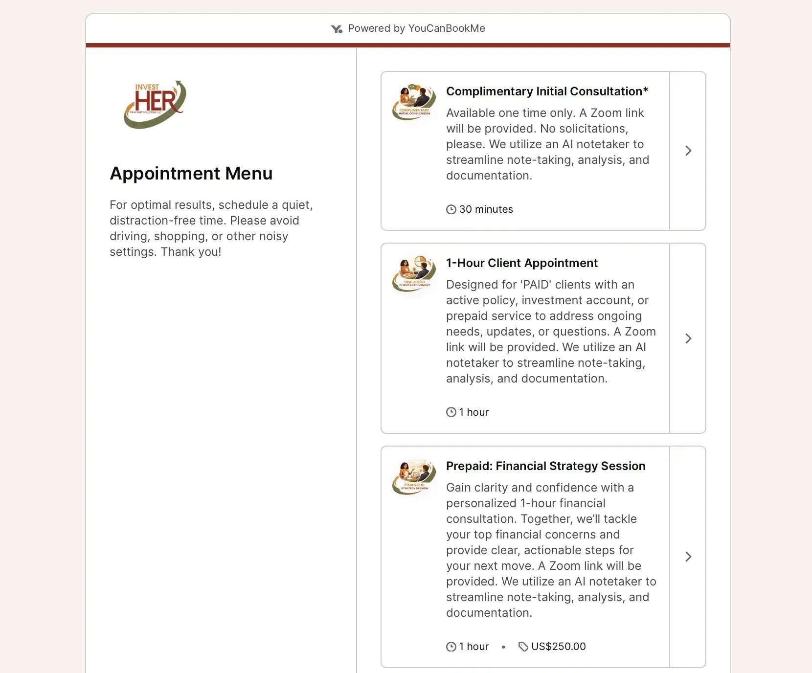 Financial planning booking page appointment menu