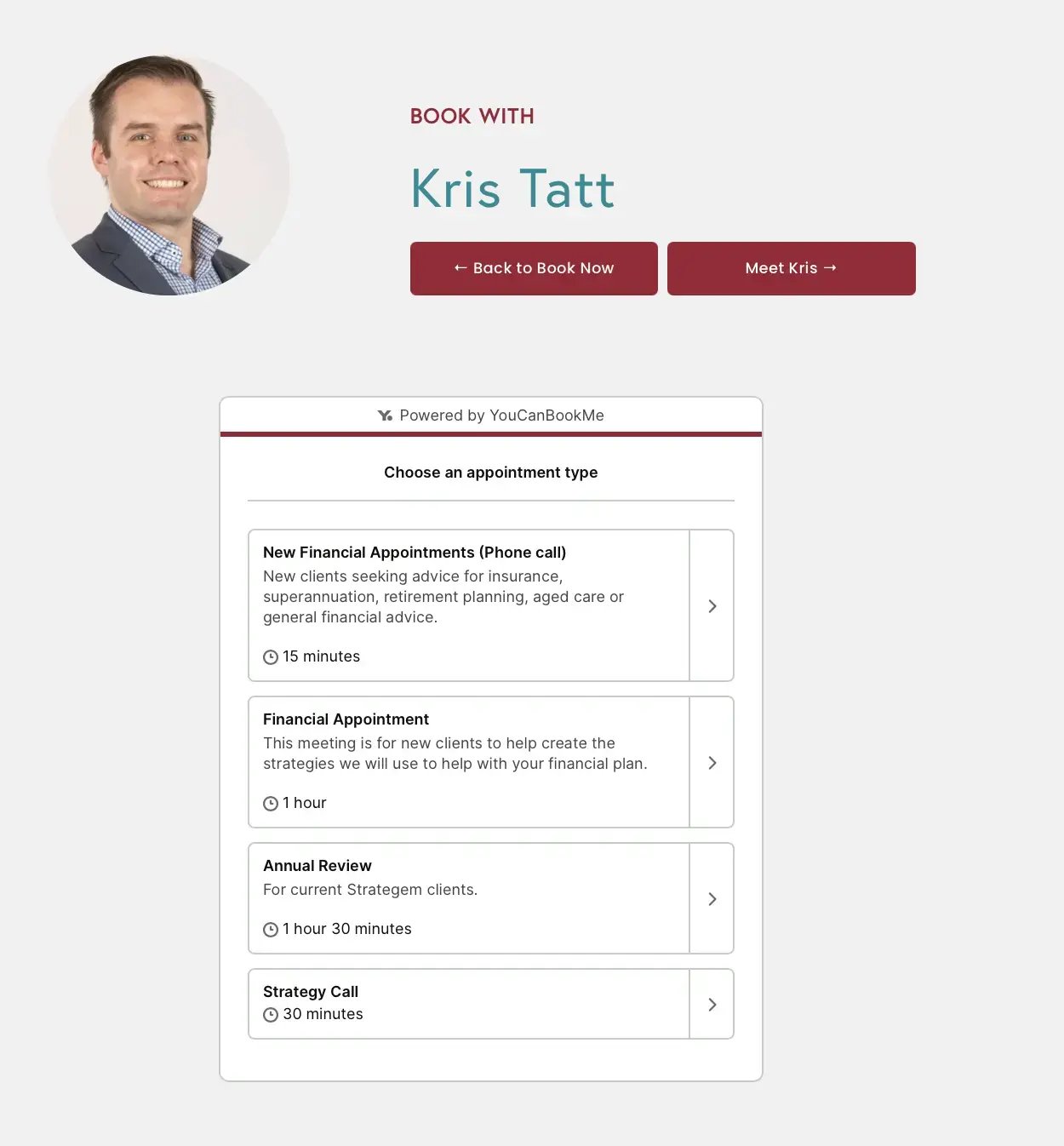 financial services booking page with appointment types
