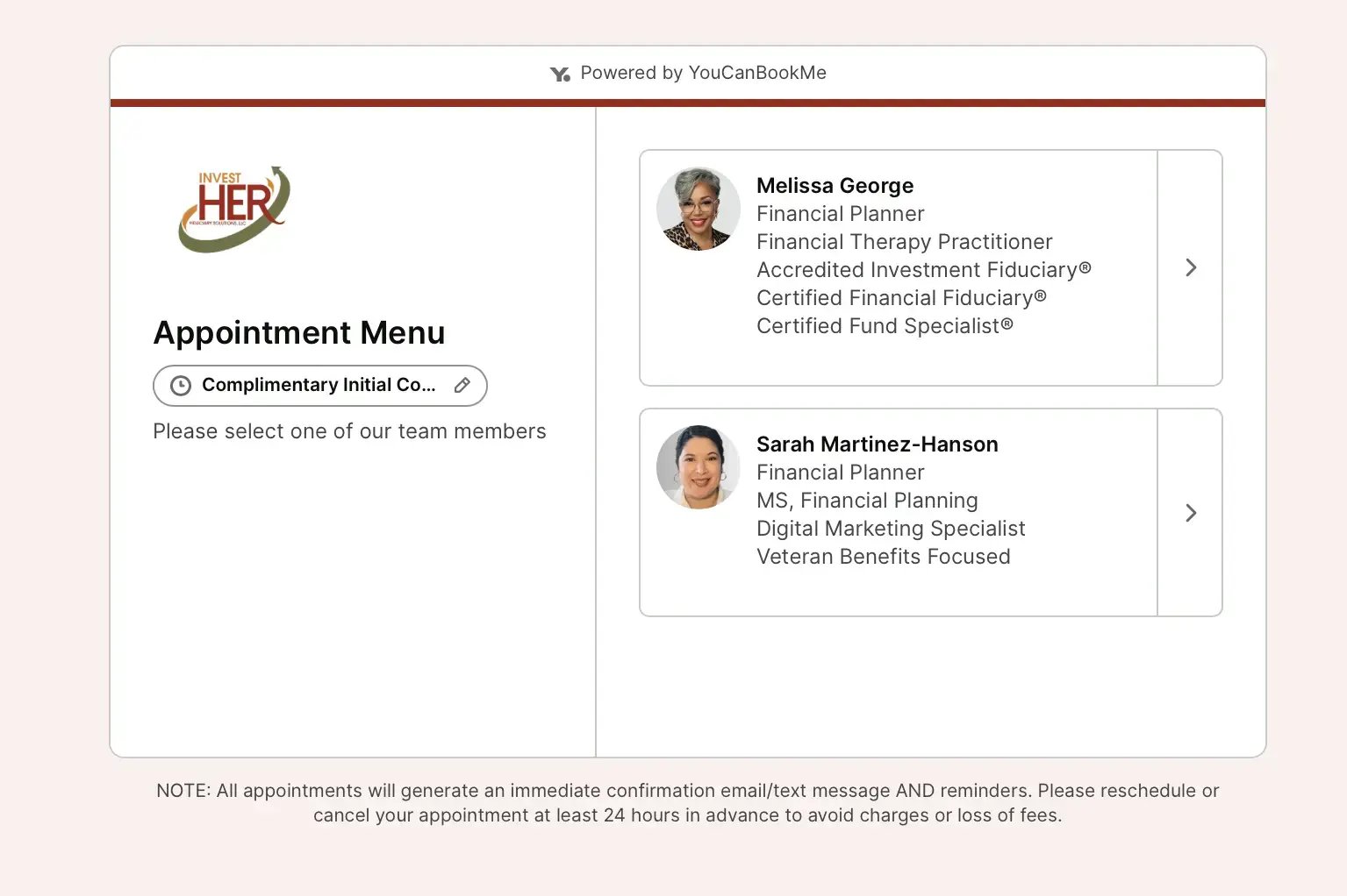 Booking page with a choice of financial planners