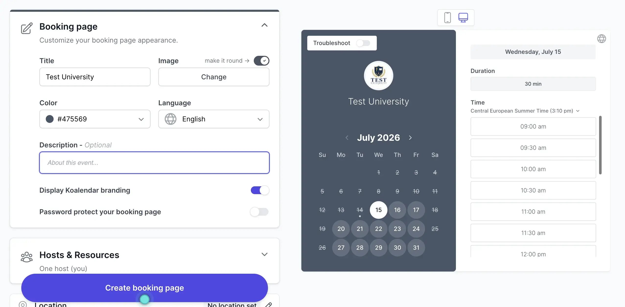 Koalendar booking page setup