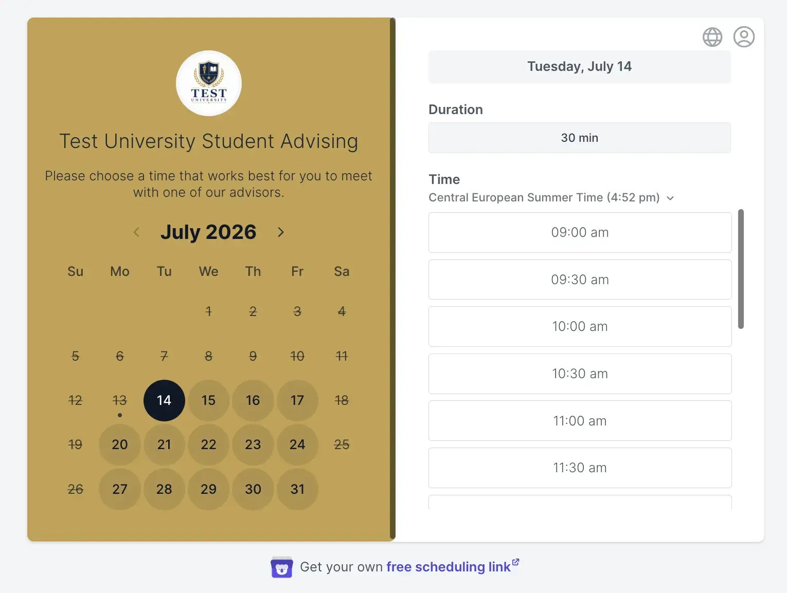 Koalendar education booking page example