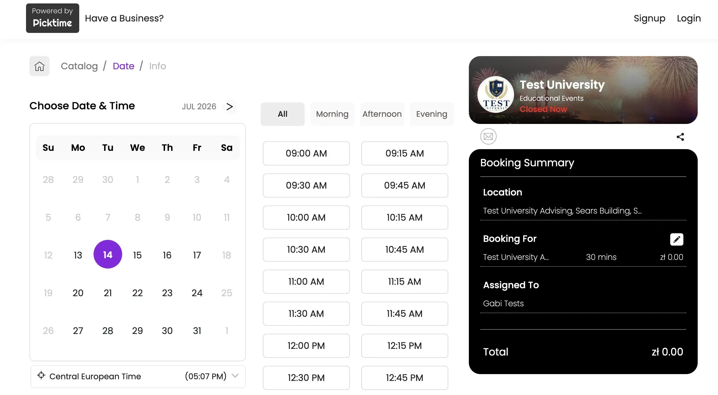 Picktime education booking page example