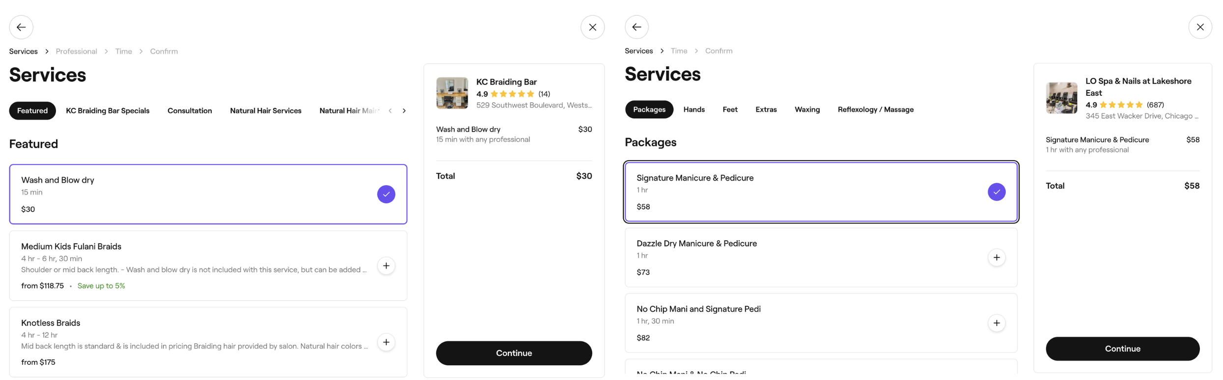 Two examples of salon booking pages on Fresha