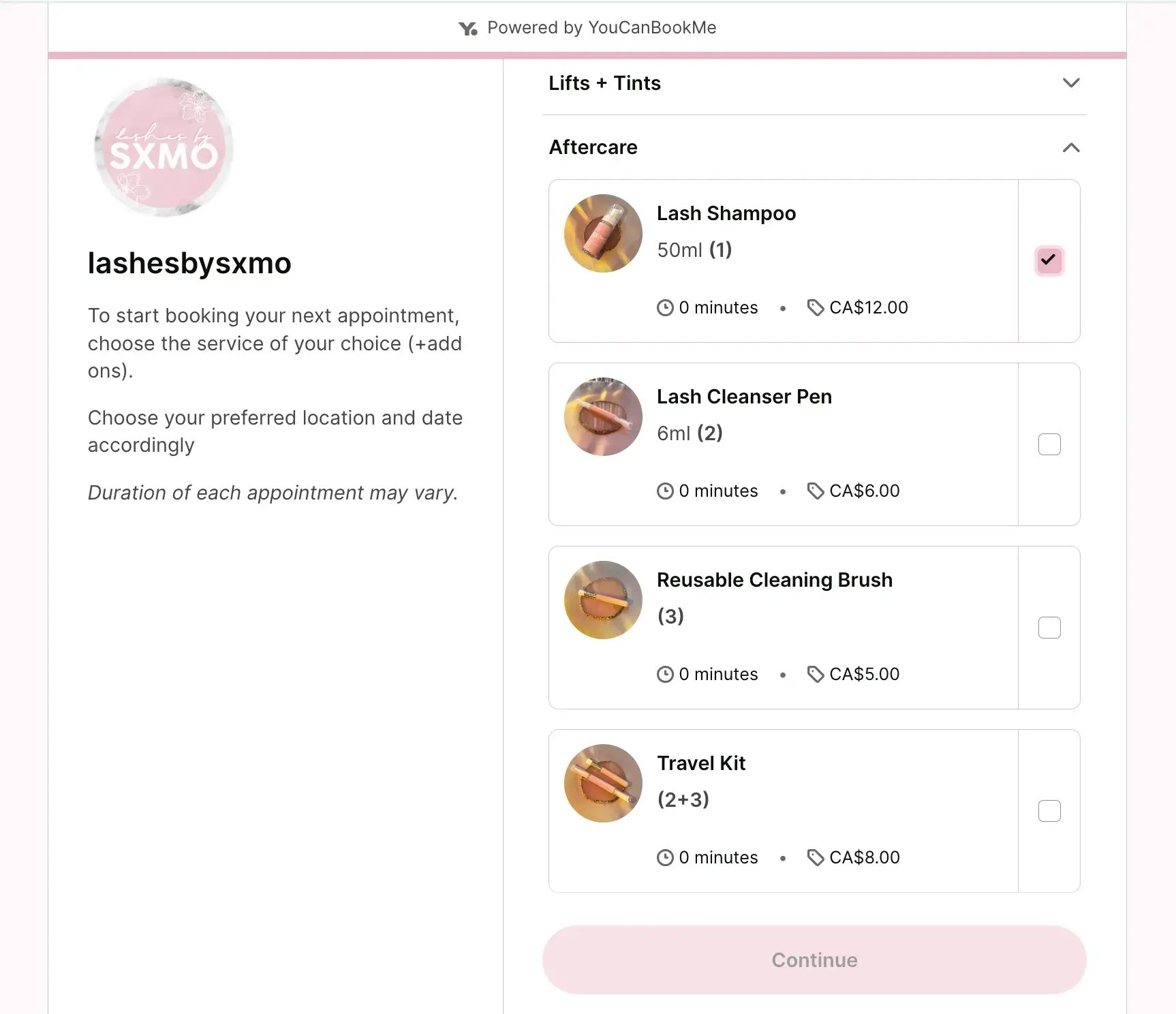 YouCanBookMe booking page example with paid add-ons for appointments