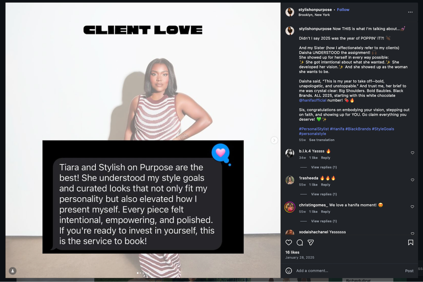 client testimonial showcased on instagram