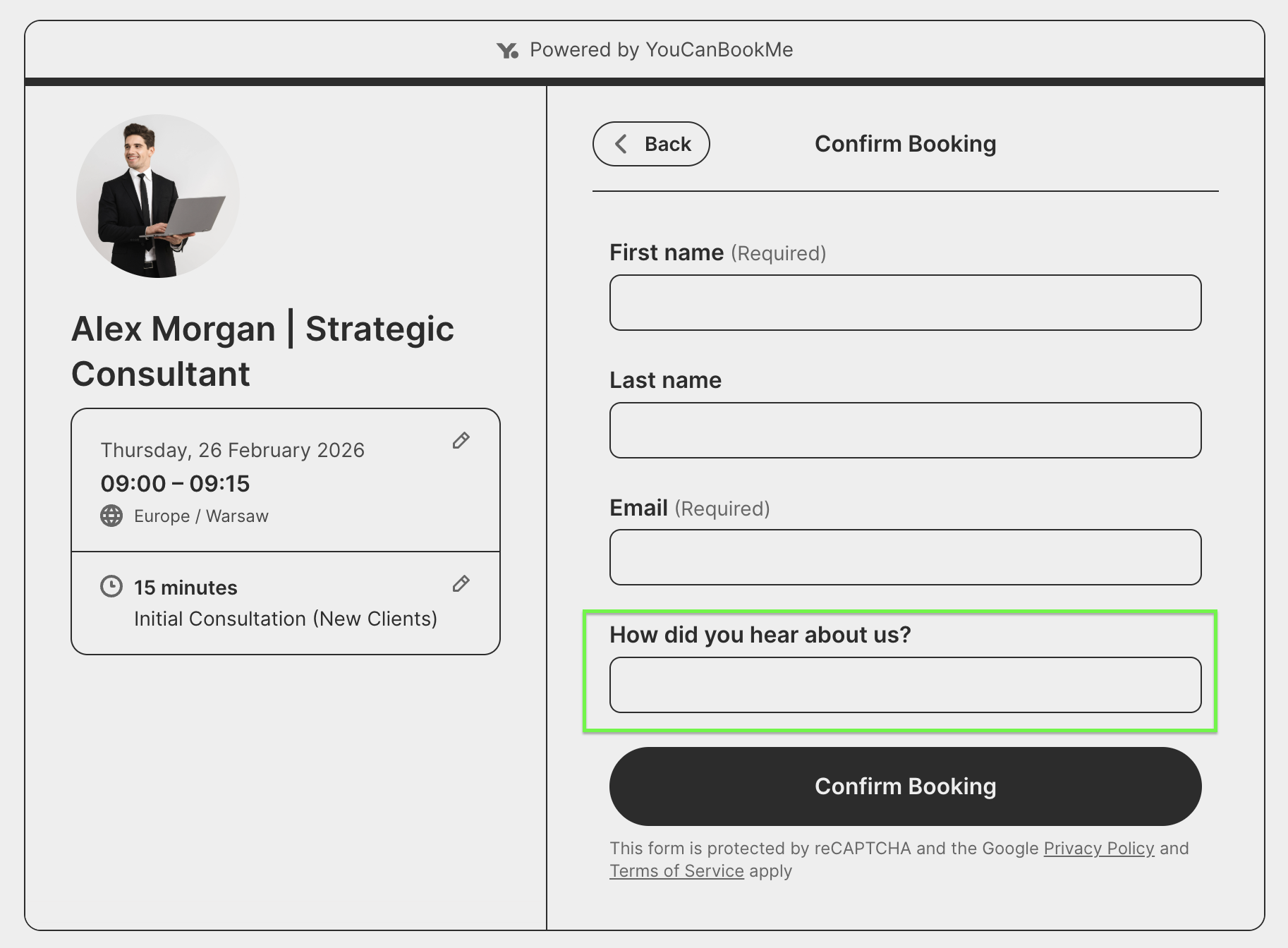 Consultant booking form with lead tracking question