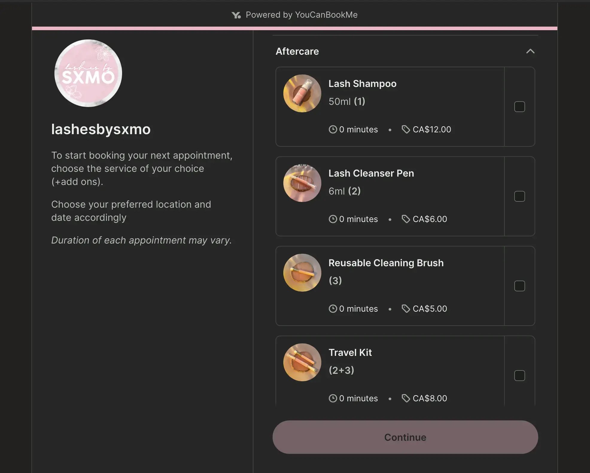 Lashesbysxmo salon booking page with appointment add-ons